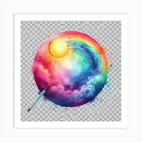 An abstract watercolor painting of a rainbow inside a circle, with a yellow sun at the top and a blue cloud at the bottom, surrounded by colorful clouds and stars, with a paintbrush in the corner. Art Print