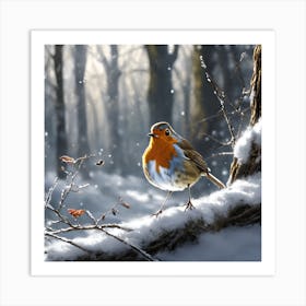 Robin in the Woodland Snow Art Print