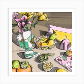 Lemons And Lilies Still Life Art Print