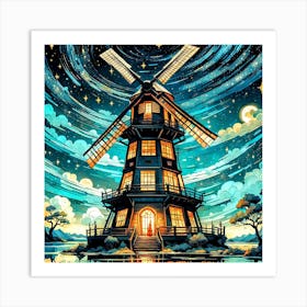 Windmill Starry Night Art Print