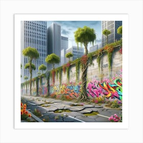 Urban Jungle: Concrete Blossoms and Verdant Graffiti Art Print