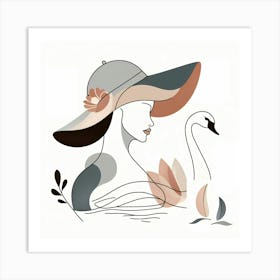 Beauty with hat and a Swan - Minimal Illustration Art Print