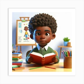 African American 6 years reading book 3D ART 7 Art Print