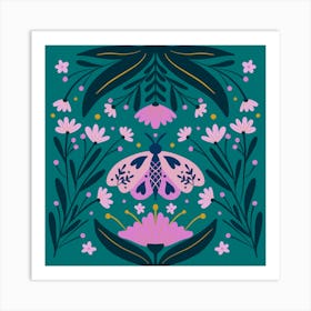 Folk Art Moth Pink and Teal Art Print