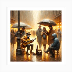 Street Musician In The Rain Art Print