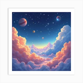 Watercolor Colorful Cosmic Clouds Drifting Past Distant Stars And Planets 1 Art Print