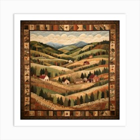 A Quilted Wall Hanging Depicting A Serene Autumnal Landscape With Rolling Hills, Farmhouses, And Trees In Warm Earthy Tones Art Print