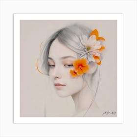 Beauty Portrait Painting - Grey Line And Orange Flowers Art Print