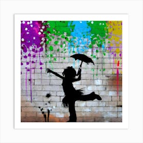 Banksy Style Graffiti Of A Girl Dancing In Colorful Rainfall Art Print