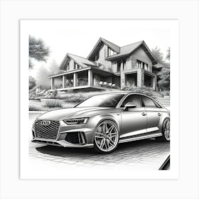 A Pencil Drawing Of A Audi Rs4 In Front Of A Beautiful Modern Mansion 1 Art Print