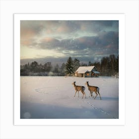 Two Deer In The Snow 4 Art Print