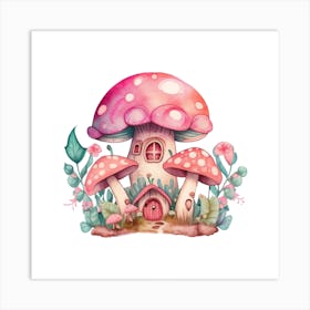 Watercolor Fairies Pink Mushroom House Art Print