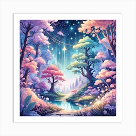 A Fantasy Forest With Twinkling Stars In Pastel Tone Square Composition 134 Art Print