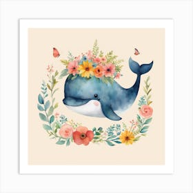 Floral Baby Whale Nursery Illustration (1) Art Print