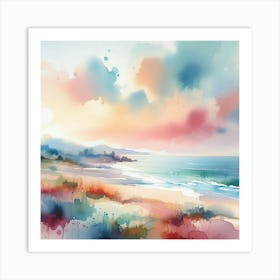 Watercolor Abstract: Dreamy Pastel Sky over Tranquil Beach. Art Print