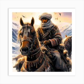 Young Moroccan Rider On His Horse By Atlas Mountains Color Drawing Art Print