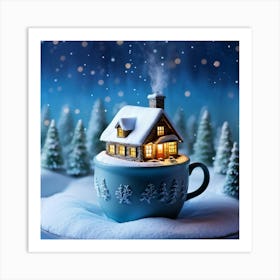 Snow Covered Miniature Winter Cottage Nestled Inside A Steaming Cup Delicate Aromas Of Hot Cocoa Wa Art Print