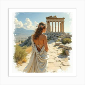 Beautiful Greek Woman In Watercolor, Framed By The Timeless Beauty Of An Ancient Temple 1 Art Print