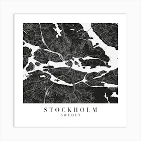 Stockholm Sweden Minimal Black Mono Street Map  Square Art Print