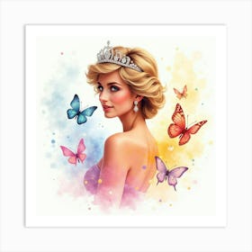 Radiant Princess Diana With Colorful Butterfly Watercolor Fluttering Art Print