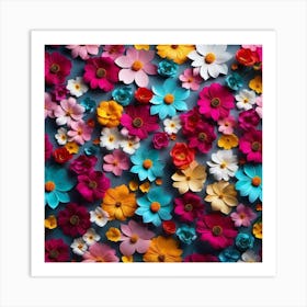 Colorful Flowers On A Blue Background Art Print