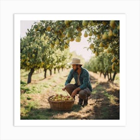 Farmer Picking Pears In The Orchard Art Print