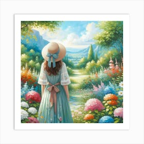 Girl Into The Garden Watercolor Painting Art Print