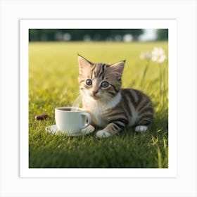 Cute Kitten Drinking Coffee Art Print