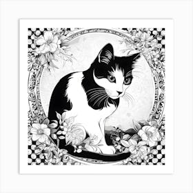 Black And White Cat With Flowers Art Print