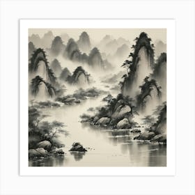 A traditional Chinese ink painting of a river, with delicate brushstrokes and a monochromatic color scheme, capturing the essence of nature and the flow of life. 1 Art Print