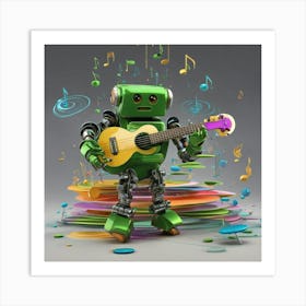 Green Robot Playing A Yellow Guitar Art Print