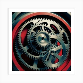 A close-up of a complex system of metal gears. Art Print