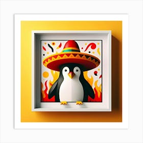 A Sizzling Penguin With A Velvet Sombrero, Inspired By The Playful Sculptures Of Claes Oldenburg, With A Spicy Red And Yellow Palette, Where The Penguin Is In Focus And The Background Is Blurred Into Abstract Shapes (1) Art Print