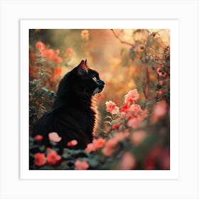 Black Cat in a Floral Sunset Garden 11 Art Print