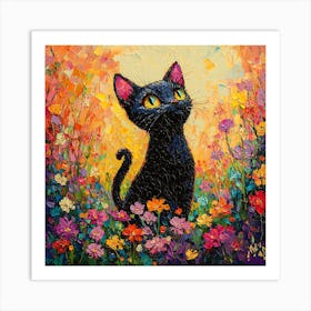 Black Cat In Flowers Art Print