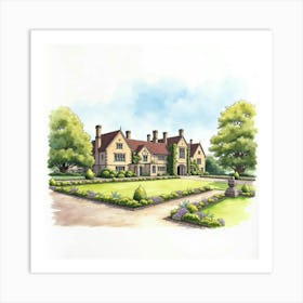 Watercolor Of The Tissington Hall In Derbyshire, Showcasing Its Picturesque Design And Surrounding Gardens Art Print