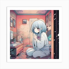 Manga Girl Sitting On The Floor Art Print