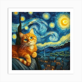 van goth Starry Night Cat Art Print