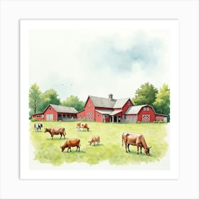 Rustic Farmyard Scene In Watercolor, Featuring Barns And Grazing Animals Art Print