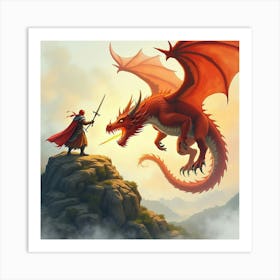 Dragon Slayer Battling A Fire Breathing Dragon On A Mountain, Watercolor 1 Art Print