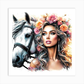 Beauty With Flower Hair Decoration By A Horse Color Drawing 1 Art Print