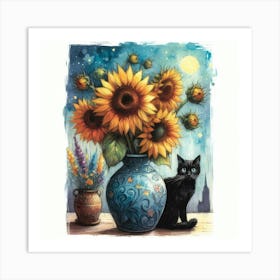 Sunflowers And Cat watercolor pestel painting Vase With Three Sunflowers With A Black Cat, Van Gogh Inspired Art Print.. 1 Art Print