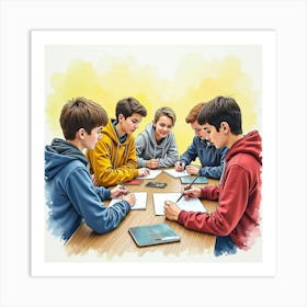 Romanian Students Studying In An English Setting, Watercolor Painting 1 Art Print