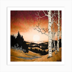 Sunset Birch Trees Art Print