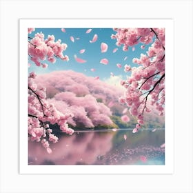 Pink Cherry Blossoms in A Peaceful Lake Art Print