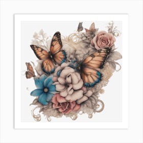 Butterflies And Roses 1 Art Print