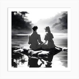 Anime Couple Sitting On The Rocks Art Print