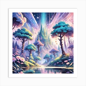 A Fantasy Forest With Twinkling Stars In Pastel Tone Square Composition 220 Art Print