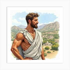 A Charming Greek Man In Watercolor, With The Ancient Hills Of Greece In The Background 1 Art Print