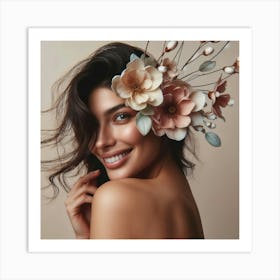 Beautiful Woman With Flowers On Her Head 2 Art Print